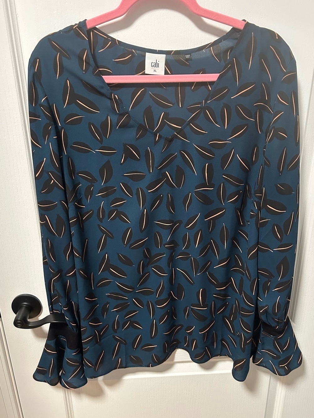 CAbi Teal Leaf-Print Long-Sleeve Top with Black & Gold Accents